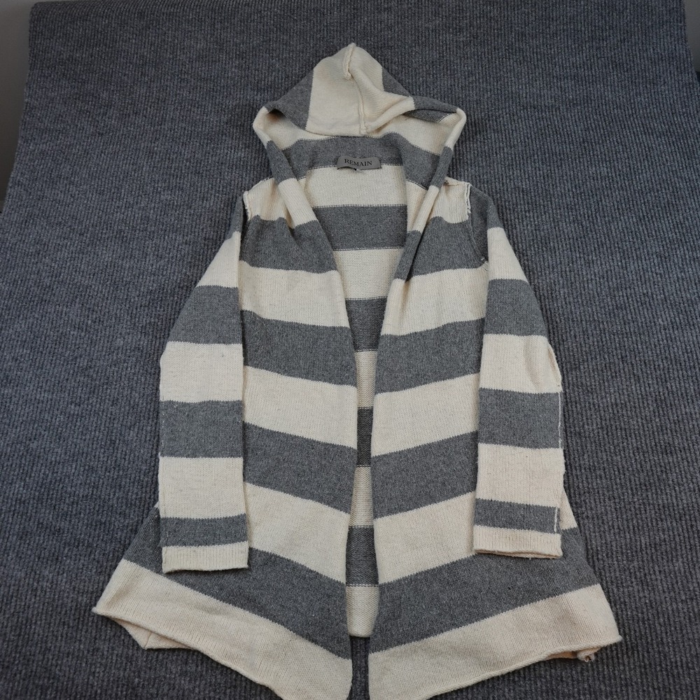 Remain Cardigan Sweater Womens Medium Gray Striped Hooded Open Front Longline